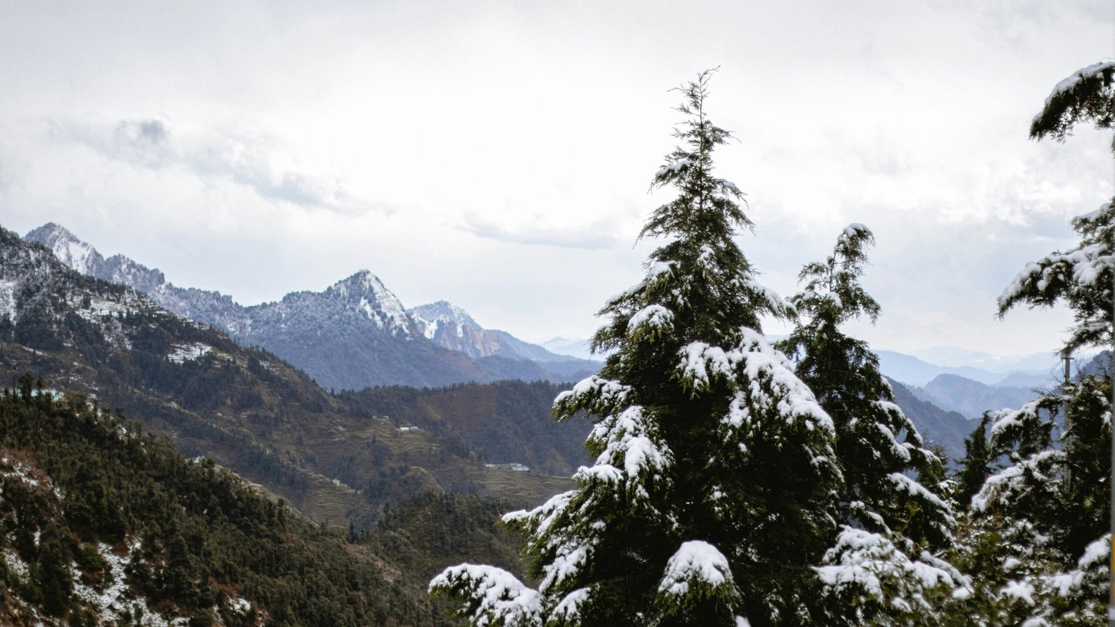 a view of a mountain range covered in snow